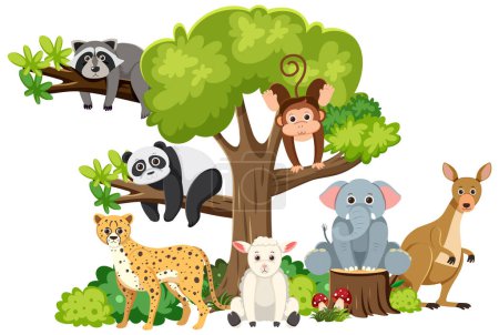 Téléchargez les illustrations : Animaux sauvages vivant heureux ensemble dans une forêt sereine - en licence libre de droit