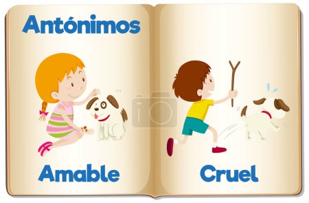Illustration for Illustrated word cards in Spanish for teaching the antonyms 'Kind' and 'Cruel' - Royalty Free Image