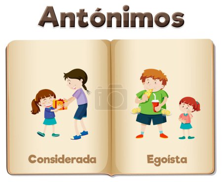 Téléchargez les illustrations : Une carte de mots illustrée en espagnol représentant les antonymes "Considerada" et "Egoista" signifiant "considéré" et "égoïste" - en licence libre de droit