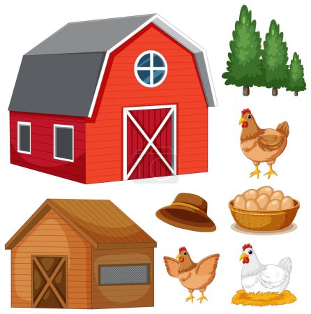 Illustration for A delightful cartoon illustration of a chicken farm with a hen and an egg - Royalty Free Image