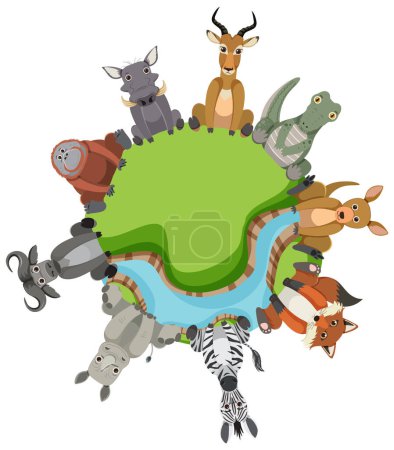 Téléchargez les illustrations : Illustration vectorielle de dessins animés d'animaux sauvages sur une sphère - en licence libre de droit