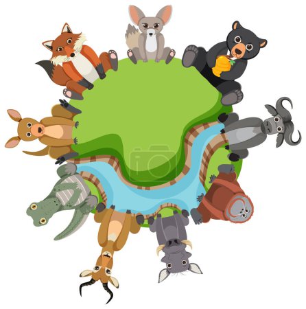 Ilustración de Dibujos animados vectoriales ilustración de animales salvajes sentados en un globo - Imagen libre de derechos