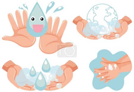 Téléchargez les illustrations : Illustration des mains tenant un panneau d'eau symbolisant l'importance d'économiser l'eau pour le monde - en licence libre de droit