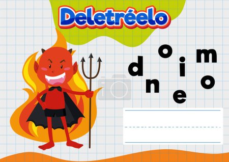 Illustration for Educational picture of a devil-themed spelling worksheet in Spanish - Royalty Free Image
