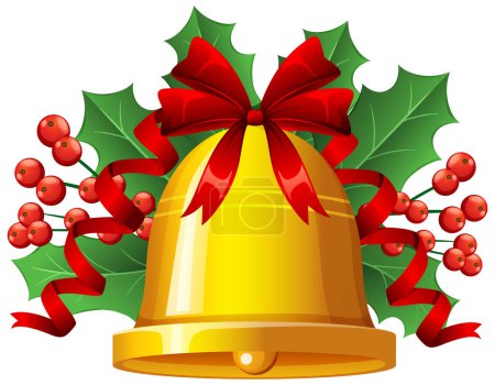 Illustration for Vector cartoon illustration of a Christmas bell with holly ornaments - Royalty Free Image