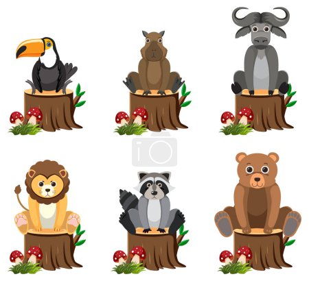 Ilustración de Dibujos animados vectoriales ilustración de animales salvajes encaramados en un tocón de árbol - Imagen libre de derechos