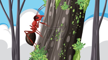 Illustration for A vector cartoon illustration of an ant walking on a moss-covered tree - Royalty Free Image