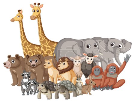 Téléchargez les illustrations : Une illustration animée de dessin animé mettant en vedette un groupe d'animaux sauvages - en licence libre de droit