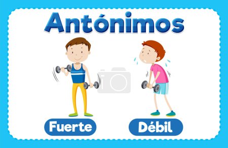 Illustration for Illustrated cards in Spanish for teaching the antonyms strong and weak - Royalty Free Image