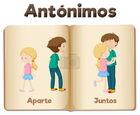 Illustration for A vector cartoon illustration of antonym word card in Spanish means apart and together - Royalty Free Image