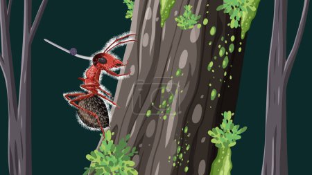 Ilustración de Una ilustración vectorial de una hormiga infectada con hongos cordyceps caminando sobre un árbol - Imagen libre de derechos
