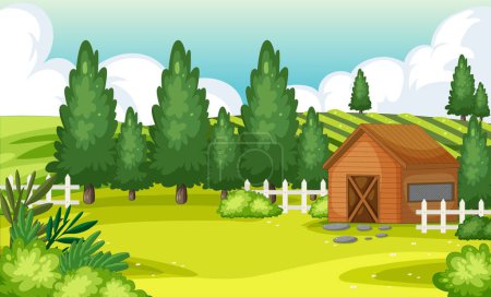 Téléchargez les illustrations : Une charmante illustration d'une maison de campagne entourée de terres agricoles - en licence libre de droit