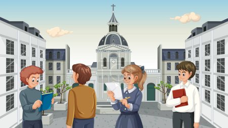 Téléchargez les illustrations : Des étudiants universitaires réunis à la Sorbonne à Paris, entourés d'un bâtiment historique européen - en licence libre de droit