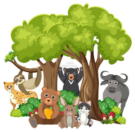 Ilustración de Varios animales salvajes coexisten armoniosamente bajo un árbol - Imagen libre de derechos
