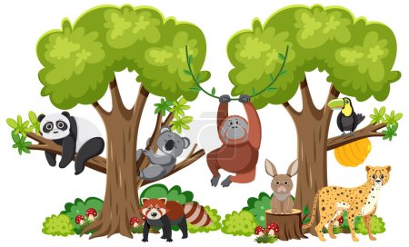 Téléchargez les illustrations : Animaux sauvages vivant ensemble heureux dans une forêt isolée - en licence libre de droit