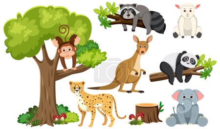 Téléchargez les illustrations : Illustration vectorielle de divers animaux sauvages et d'un arbre - en licence libre de droit
