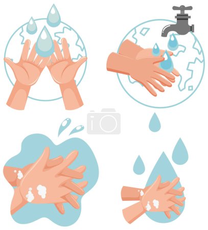 Téléchargez les illustrations : Illustration des mains tenant un panneau d'eau symbolisant l'importance d'économiser l'eau pour le monde - en licence libre de droit