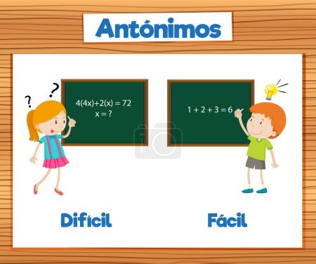 Illustration for Illustrated word card with antonyms in Spanish language means difficult and easy - Royalty Free Image