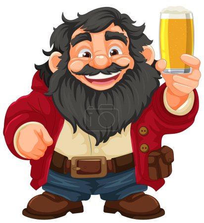 Téléchargez les illustrations : Un personnage de dessin animé avec une barbe et une moustache tenant une pinte de bière - en licence libre de droit