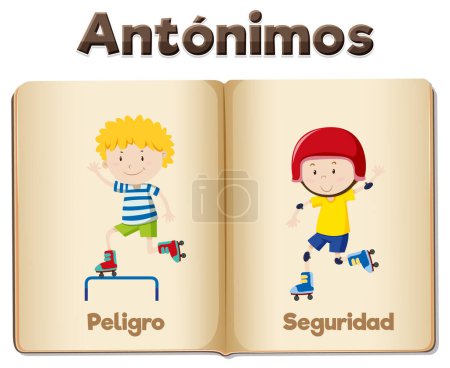 Illustration for Illustrated word card with antonyms in Spanish means danger and safety - Royalty Free Image