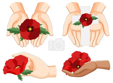 Téléchargez les illustrations : Illustration vectorielle de dessin animé de mains tenant fleur de pavot - en licence libre de droit