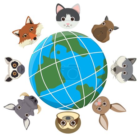 Illustration for Vector cartoon illustration of wild animals with faces appearing above a globe icon - Royalty Free Image