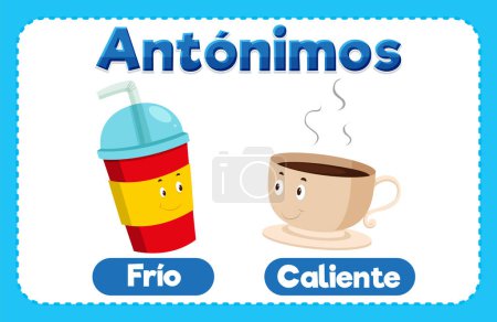 Illustration for Learn Spanish antonyms with a cartoon-style picture card hot and cold - Royalty Free Image