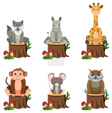 Téléchargez les illustrations : Illustration vectorielle ludique et vibrante de divers animaux sauvages assis ensemble sur un tronc d'arbre - en licence libre de droit
