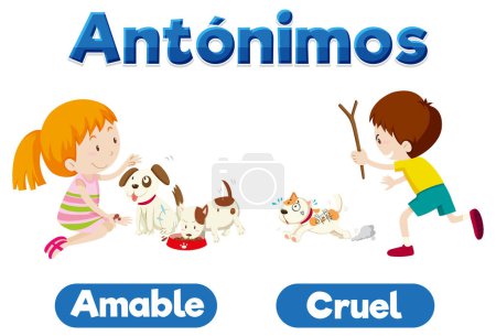 Téléchargez les illustrations : Cartes de mots illustrées en espagnol pour enseigner les antonymes Kind and Cruel - en licence libre de droit