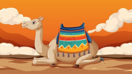 Téléchargez les illustrations : Un chameau dessin animé mignon assis paisiblement dans un paysage désertique - en licence libre de droit