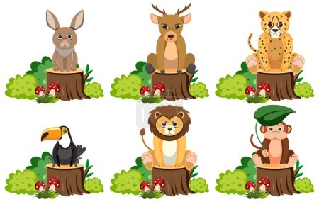 Téléchargez les illustrations : Illustration vectorielle de dessins animés d'animaux assis sur un tronc d'arbre entouré de buisson - en licence libre de droit