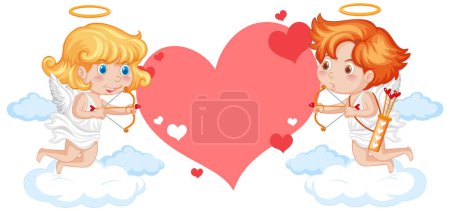 Ilustración de Ilustración de dibujos animados vectoriales de dos ángeles sosteniendo una flecha del corazón con una bandera del corazón en blanco - Imagen libre de derechos