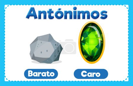 Téléchargez les illustrations : Carte de mots illustrée en espagnol affichant les antonymes Barato et Caro signifie bon marché et cher - en licence libre de droit