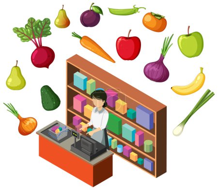 Ilustración de Una amable cajera que trabaja en una vibrante tienda de frutas y verduras - Imagen libre de derechos