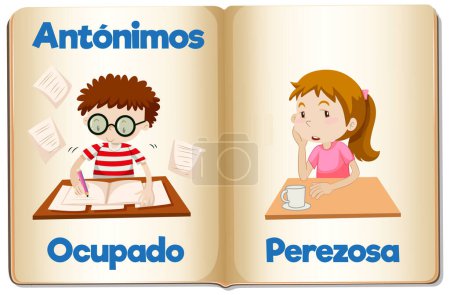 Téléchargez les illustrations : Illustration vectorielle des mots espagnols pour occupé et paresseux, représentant les antonymes de l'éducation - en licence libre de droit