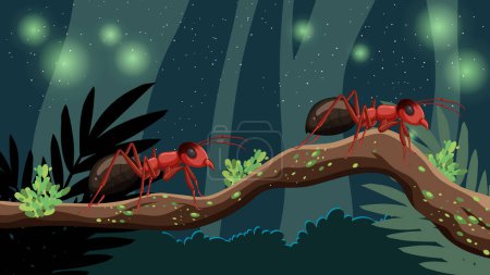 Téléchargez les illustrations : Illustration vectorielle de fourmis rouges marchant sur une branche d'arbre - en licence libre de droit
