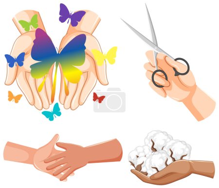 Illustration for Vector cartoon illustration of human hands with sign and symbol - Royalty Free Image