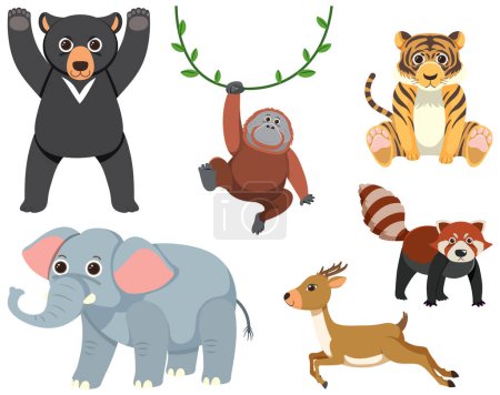 Téléchargez les illustrations : Un groupe d'animaux sauvages illustré dans un style de dessin animé simple - en licence libre de droit