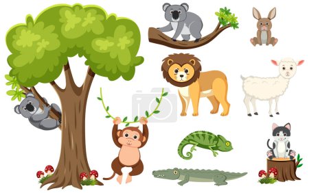 Téléchargez les illustrations : Illustration vectorielle de dessins animés d'animaux sauvages isolés avec un arbre - en licence libre de droit
