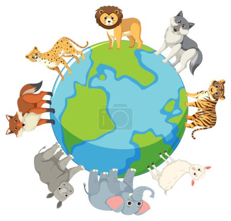 Ilustración de Una ilustración vectorial de dibujos animados de animales salvajes parados juntos en todo el mundo - Imagen libre de derechos