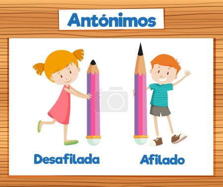 Téléchargez les illustrations : Illustration vectorielle de cartes de mots espagnols représentant les antonymes 'Desafilada' et 'Afilado' signifiant 'émoussé' et 'aiguisé' - en licence libre de droit