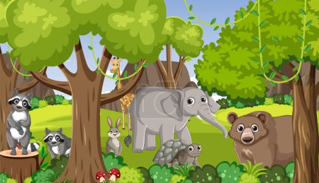 Ilustración de Una vibrante ilustración de dibujos animados vectoriales con varios animales salvajes en un bosque - Imagen libre de derechos