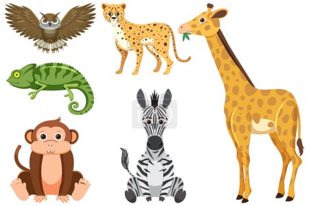 Illustration for A group of wild animals depicted in a simple cartoon illustration - Royalty Free Image