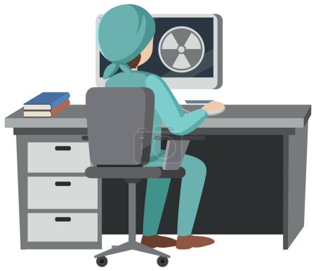 Téléchargez les illustrations : Un scientifique étudiant des matières radioactives à l'aide d'un ordinateur sur un bureau - en licence libre de droit