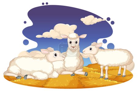 Téléchargez les illustrations : Un mouton profitant d'un moment paisible entouré de foin - en licence libre de droit