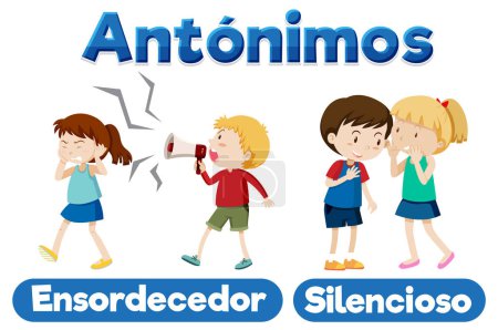 Illustration for A vector cartoon illustration depicting the antonyms 'Ensordecedor' and 'Silencioso' in Spanish language education - Royalty Free Image