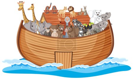 Illustration for A lively scene of various wild animals aboard a wooden boat floating on water - Royalty Free Image