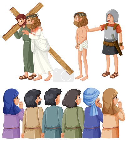 Ilustración de Coloridos personajes de dibujos animados vectoriales representan el nacimiento de Jesús en esta animada ilustración - Imagen libre de derechos