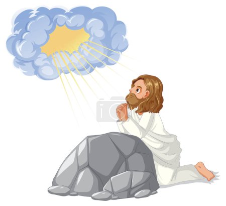 Téléchargez les illustrations : Un dessin animé vectoriel vibrant représentant Jésus en prière au jardin de Gethsémani - en licence libre de droit