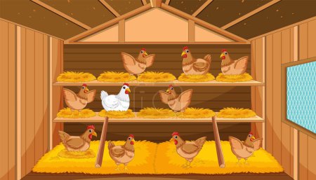 Eine Cartoon-Illustration, die einen Hühnerstall zeigt, der mit Heu und Stroh für die Eiablage gefüllt ist